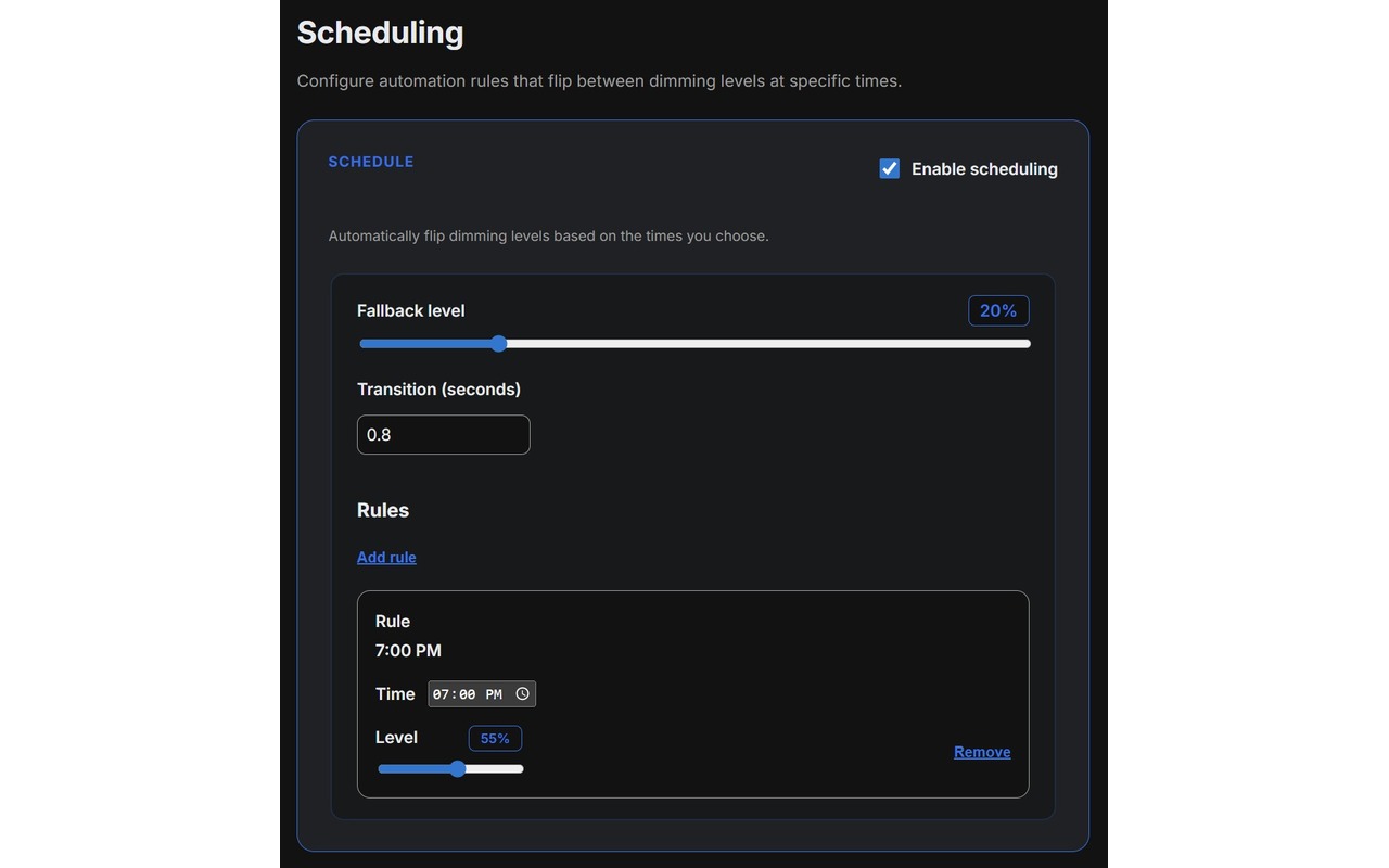 Dimly scheduling screen with multiple preset times